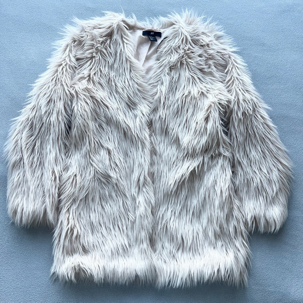 H M Faux‎ Fur Jacket Womens XS Ivory Longer Collarless Wedding Formal Classy